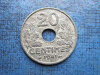 Монета 20 сантимов Франция 1941 1942 цинк номинал цифрами 2 года цена за 1 монету