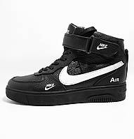 Кросівки чоловічі шкіряні зимові Nike Air Force Black (чорні).