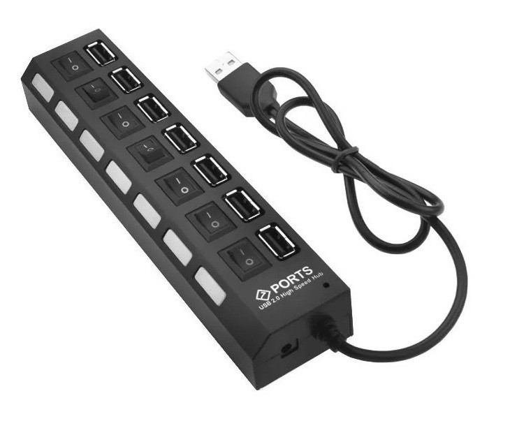 USB Хаб 7-port USB 2.0 TRY з вимикачами з підтримкою зовнішнього живлення зі світловою індикацією чорний, фото 1