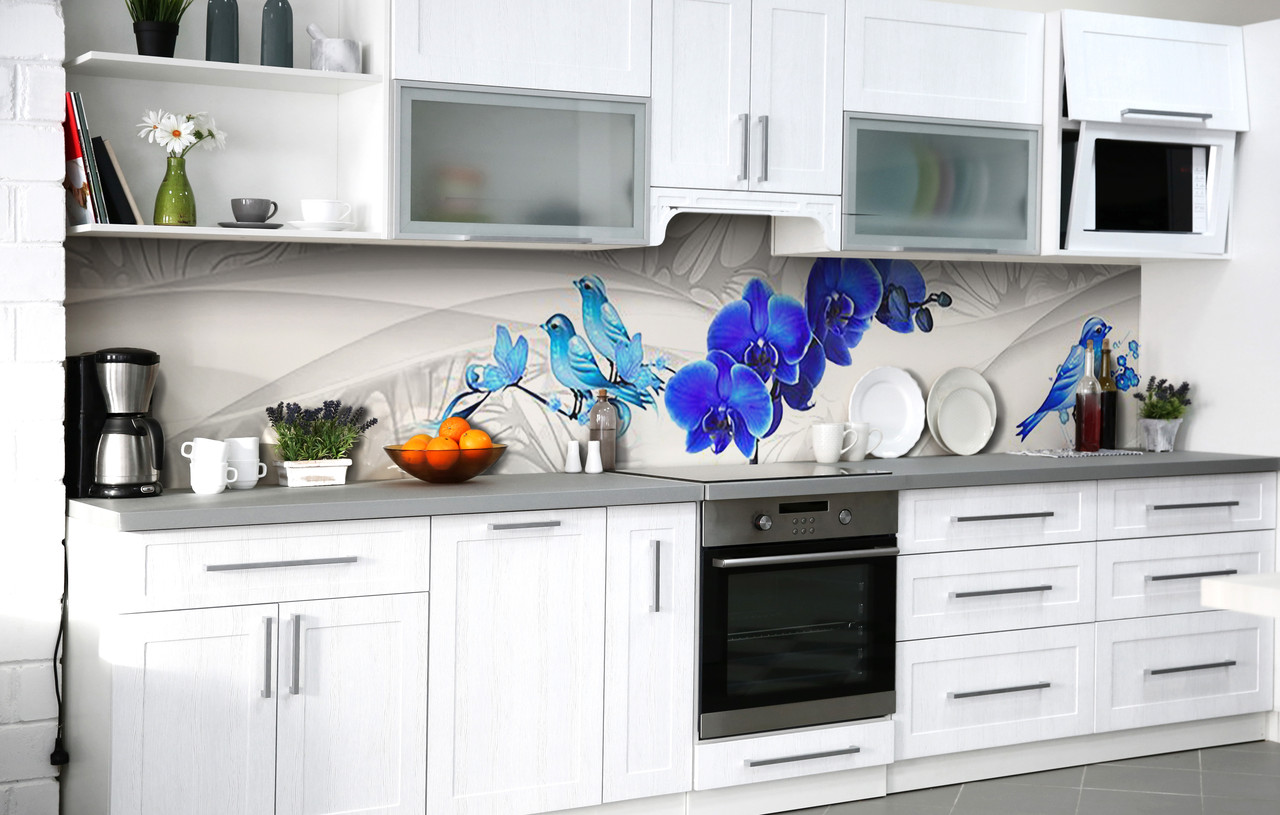 60х250 см Кухонний фартух самоклейка, пвх плівка для кухонного фартуха, самоклейка на кухню на стіну Бірюзові дзвіночки 60х250 см