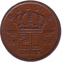 Монета 20 сантимів. 1954 рік, Бельгія. (Belgie)