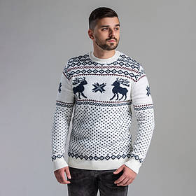 Чоловічий білий теплий светр з оленями із прямою горловиною