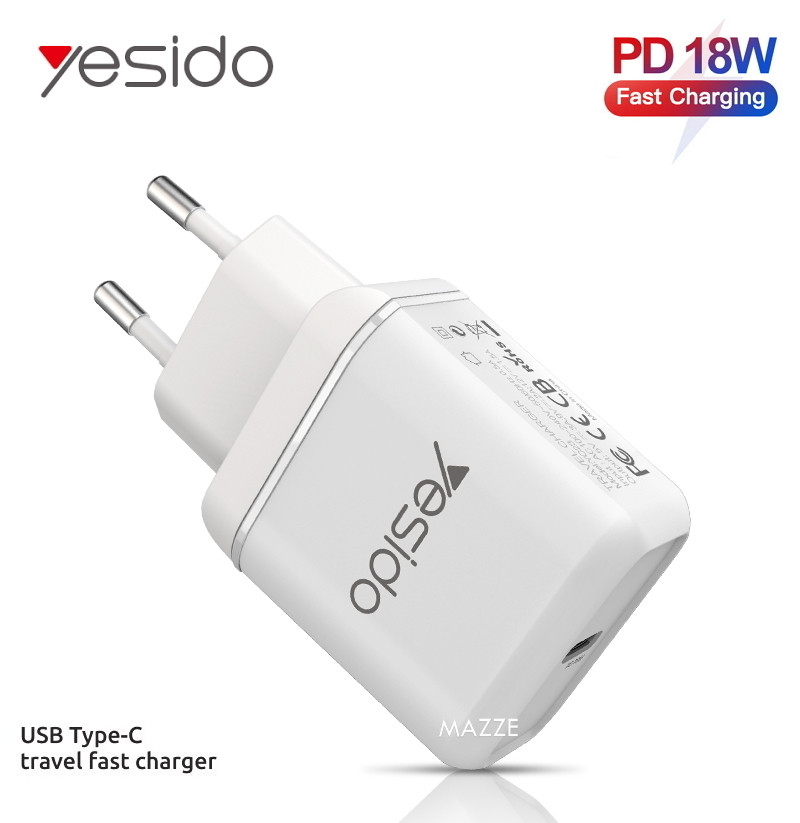 Мережевий зарядний пристрій для телефона PD 18 W USB Type-C швидке заряджання смартфона Yesido YC23 White