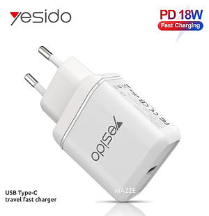 Мережевий зарядний пристрій для телефона PD 18 W USB Type-C швидке заряджання смартфона Yesido YC23 White