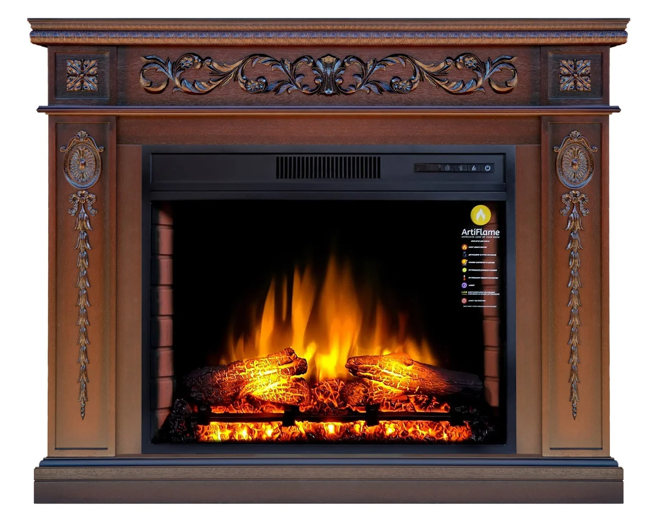 Класичний каминокомплект ArtiFlame DELMONA AF28S Коньяк з ефектом полум'я зі звуком і обігрівом