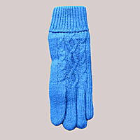 В'язані блакитні жіночі теплі подвійні рукавички з відворотом