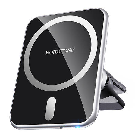 Тримач-безпровідна зарядка для IPhone 12/ 13 (в машину) BOROFONE 15 Вт Чорний/ Сріблястий (BH43), фото 1