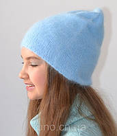 Вязаная женская шапка с ангоры с отворотом, голубая
