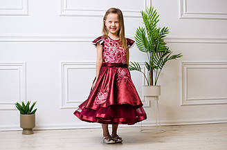 Сукня дитяча без рукава вишивка - гладь, зі знімною спідницею, спідницею та підкладкою, колір - бордовий.