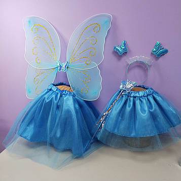 Костюм метелика новорічний зріст 98-128 см набір крила метелика з спідницею і чарівною паличкою блакитні