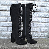 Замшеві чоботи зі шнурівкою на підборах