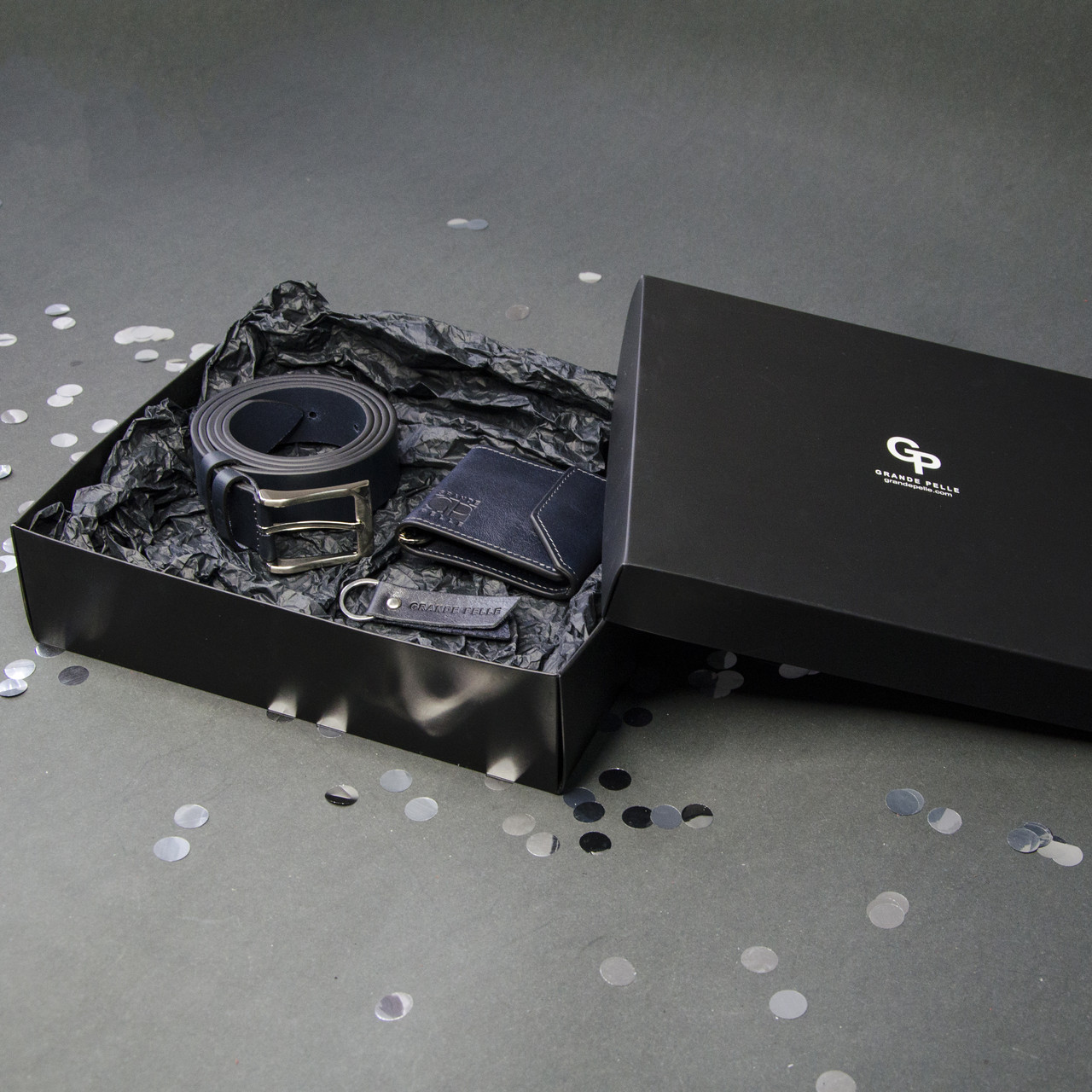 Подарунковий набір Grande Pelle: зажим для купюр+ремінь+брелок, синій, фото 1