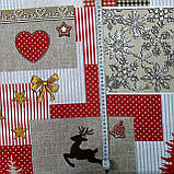 Тканина для рушників вафельна новорічна з оленями та лоскутами, ш. 150 см, фото 3