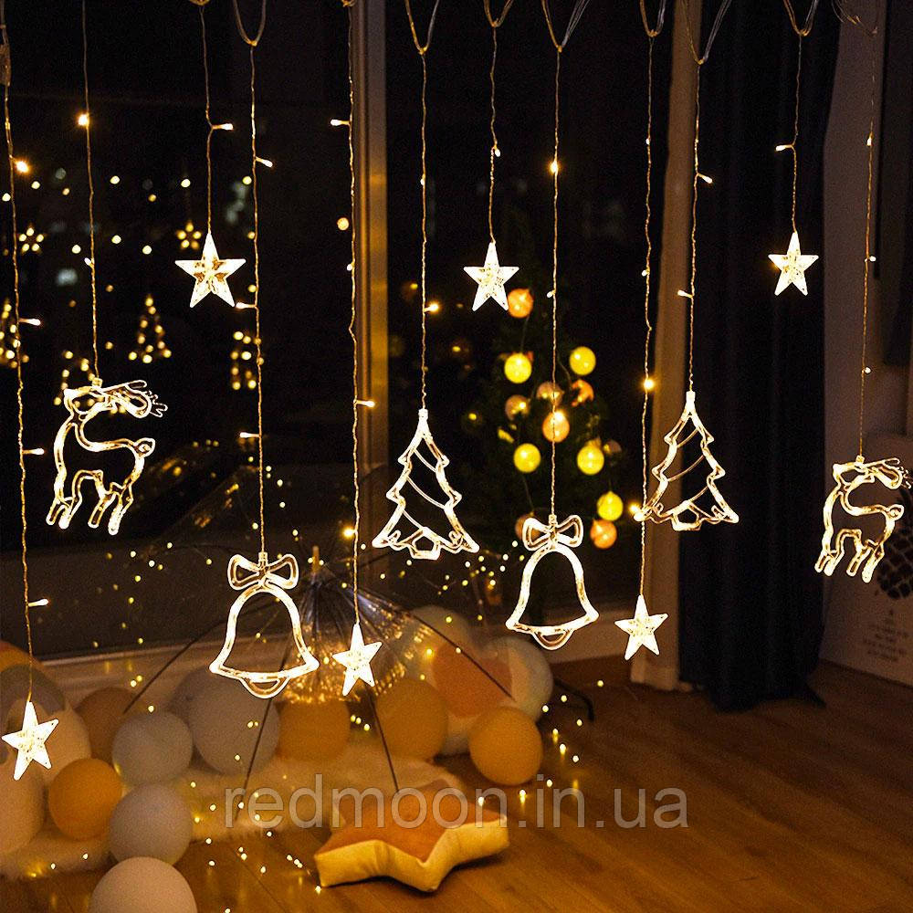 Гірлянда Штора 2,5 м, 220В, 12LED фігурок (Олень, Ялинка, Дзвіночок) з пультом, Жовта / Світлодіодна гірлянда