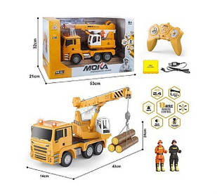 Кран на радіокеруванні 2050, платформа обертається, рухома стріла, гак опускається, звук техніки, світло фар