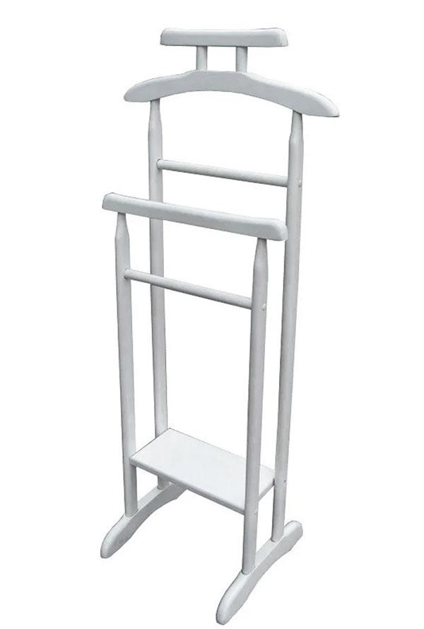 Тремпель Альфа колір білий, подвійна дерев'яна підлогова вішалка з полицею для взуття та плічками для одягу, фото 1