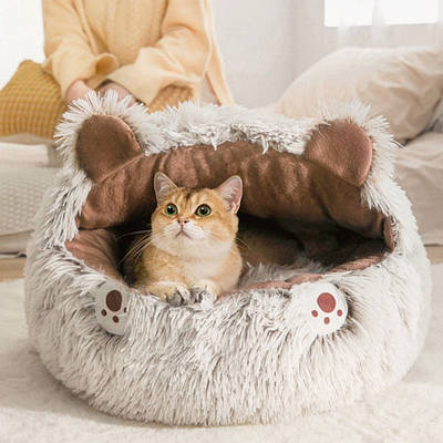 Лежанка будиночок теплий хутряний для кішок і собак пухнаста глибока мушля з капюшоном 50 см