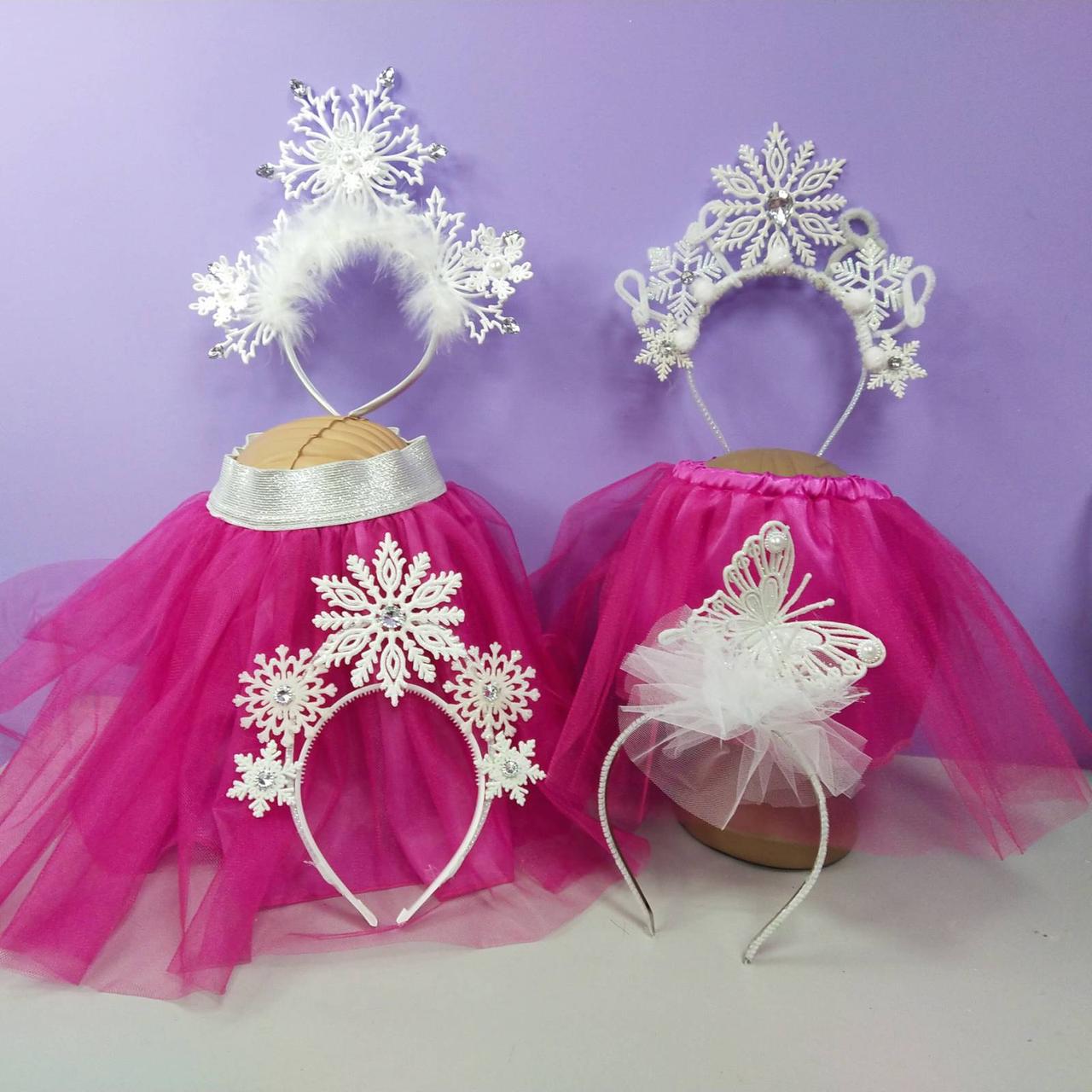 Костюм новорічний сніжинка 1-8 років спідниця малинова фатинова та обруч сніжинка 1 шт, фото 1