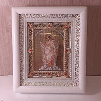 Икона Ангела Хранителя, лик 10х12 см, в белом деревянном киоте с камнями