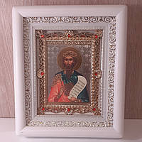 Икона Вячеслав князь Чешский святой, лик 10х12 см, в белом деревянном киоте с камнями