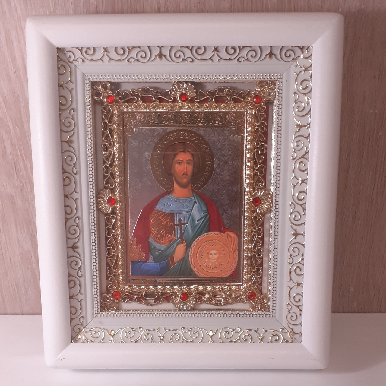 Ікона Валерій Севастійський святий мученик, лик 10х12 см, у білому дерев'яному кіоті з камінням