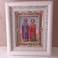 Ікона Адріан та Наталія святі мученики, лик 10х12 см, у білому дерев'яному кіоті з камінням