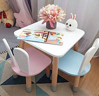 Детский квадратный стол 50 * 50 см и 1 стульчик "зайка" в белом цвете