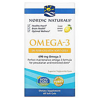 Омега-3, Смак Лимона, Nordic Naturals, Omega-3, Lemon, 1000 мг, 60 гельових капсул