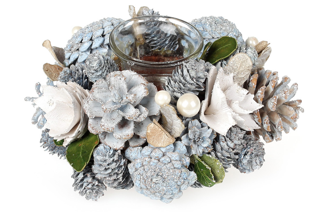 Свічник зі скляною колбою та декором з шишок, 19см, колір - блакитний, фото 1