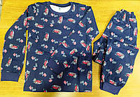 Пижама детская теплая хлопок темно синяя 7-10 лет(122-140)
