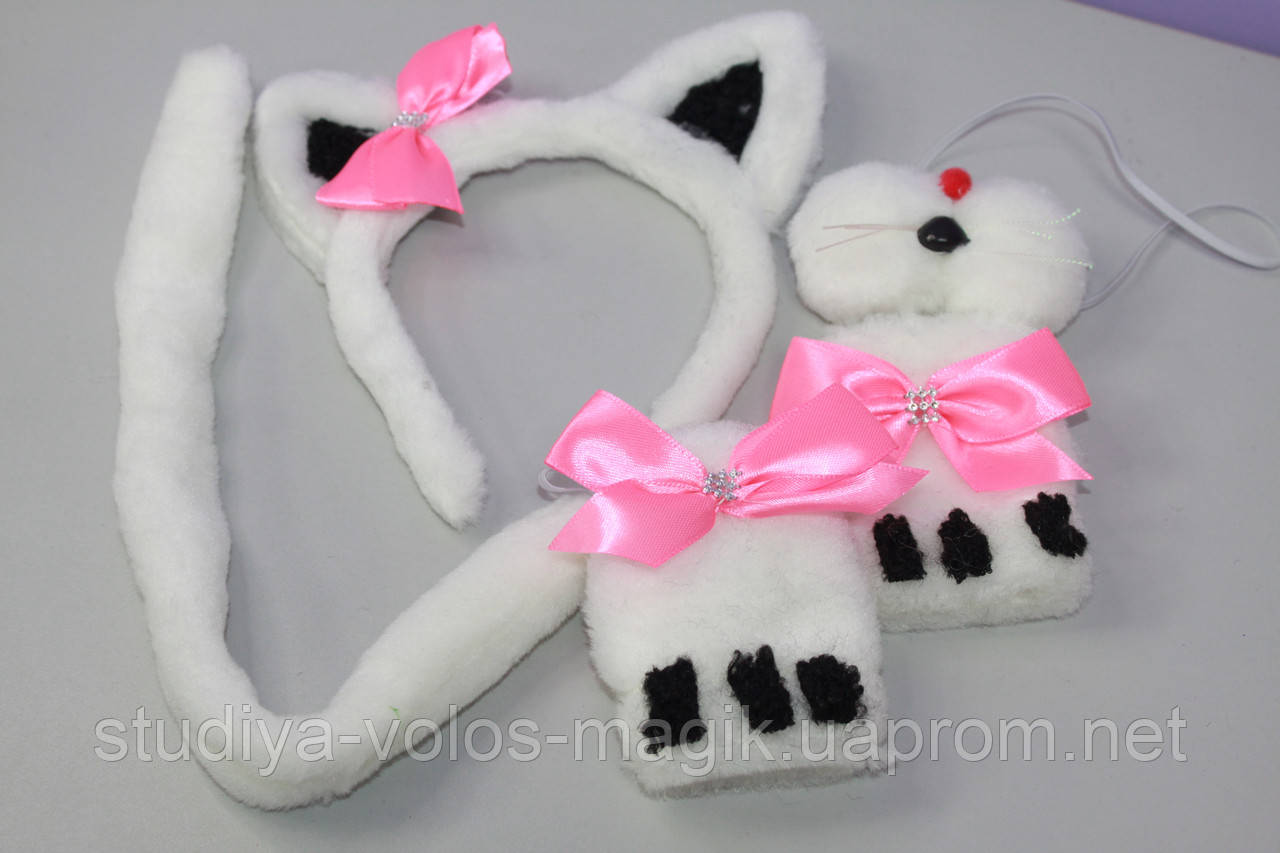Набор карнавальный новогодний меховой белый кошечка ушки хвостик носик рукавицы 1 шт - фото 2 - id-p1528700670