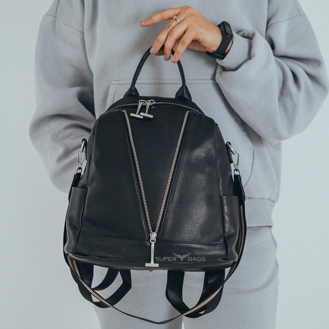 Жіночий шкіряний міський рюкзак Чорний, фото 1