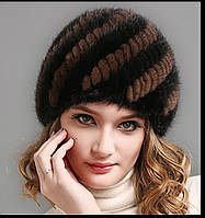 Хутряна жіноча шапка з в'язаної норки комбінована на підкладці. Норкова шапка.
