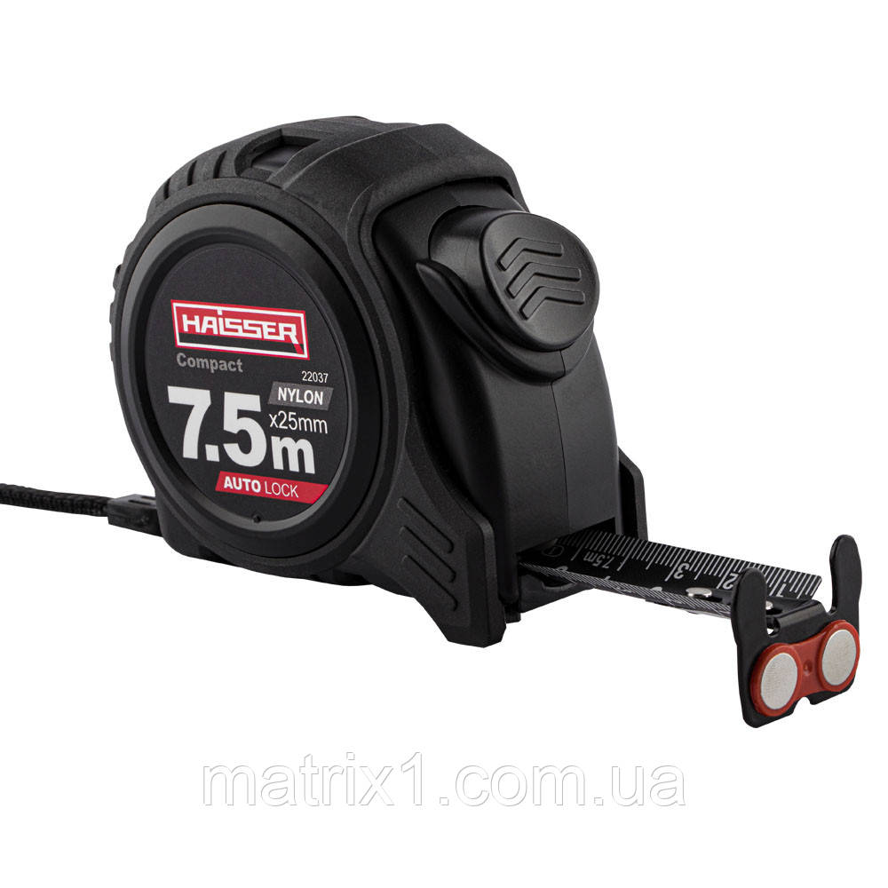 Рулетка 7.5 м x 25 мм, чорне нейлонове полотно, прогумований корпус, 2-й зачіп, Авто стоп, магніт HAISSER, фото 1
