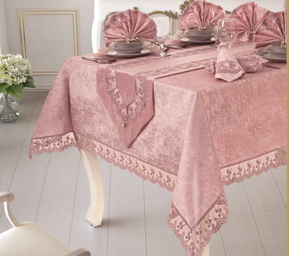 Велюрова скатертину з ранером Selin Aylin Set 160×300+12 серветок, фото 1