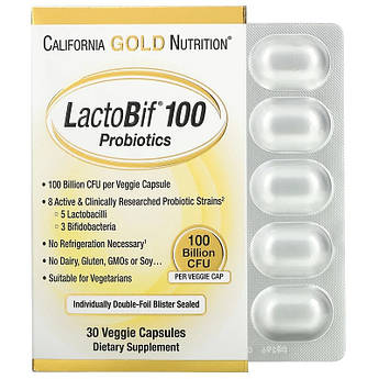 Пробіотики 100 млрд California Gold Nutrition LactoBif лактобактерії біфідобактерії 10 капсул (1 пластинка)