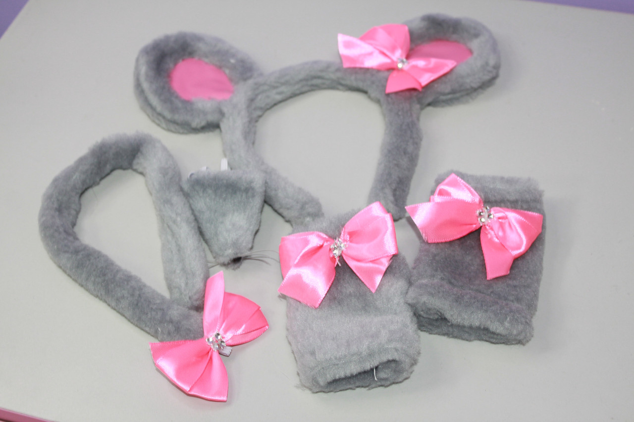 Набір карнавальний новорічний хутряний сірий мишка вушка хвостик носик рукавиці, фото 1