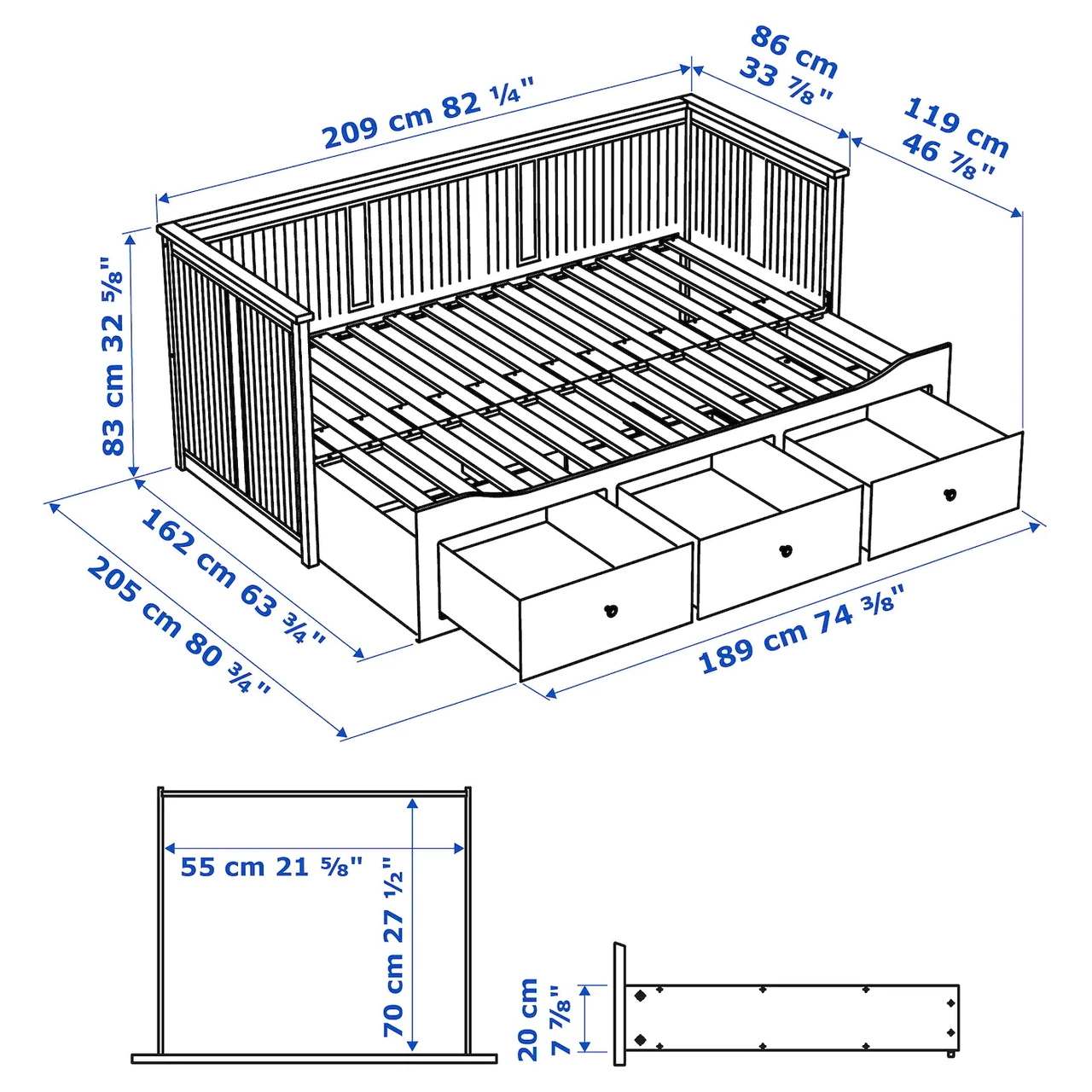 IKEA HEMNES Кушетка с 3 ящиками, 2 матраса, белый / фирма Осванг (894.281.07) - фото 9 - id-p1528990895