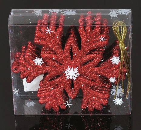 Набір новорічних прикрас 10 см, Сніжинка, 6 шт, пластик, червоний з блисткітками, фото 1