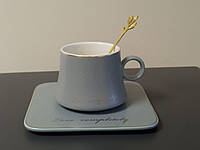 Кружка (чашка) керамическая с квадратным блюдцем и чайной ложкой «Автобиография» | 180мл | голубая