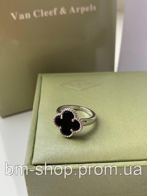 Кільце Клевер чорне, покриття білим золотом/ Ванкліф кільце під онікс, фото 1