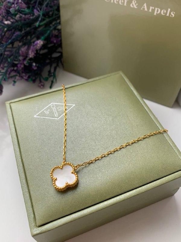 Підвіска Клевер білий перламутр із позолотою AU750 / Ванкліф підвіска на 1 елемент біла, фото 1