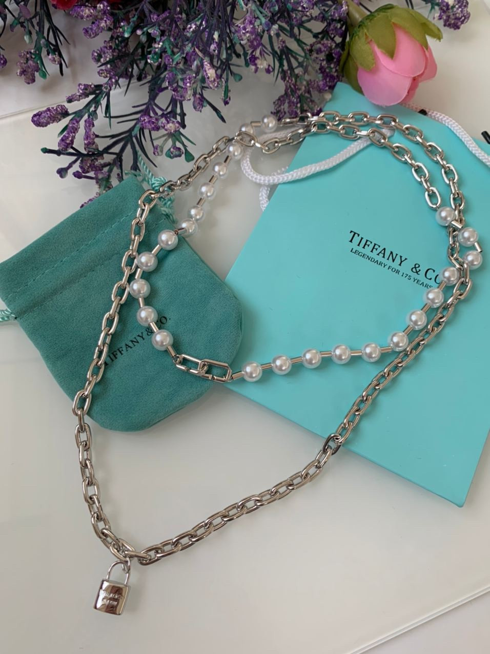 Tiffany Тіффані довгий ланцюг на шию з перлами/упакована в мішечок Тіффані