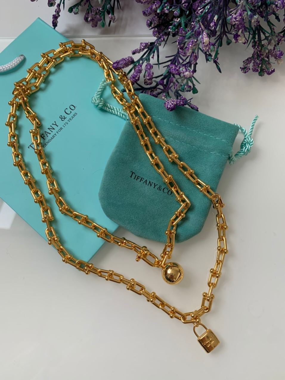 Довга підвіска ланцюг великі ланки Тіффані Tiffany з кулькою, позолота 18 До