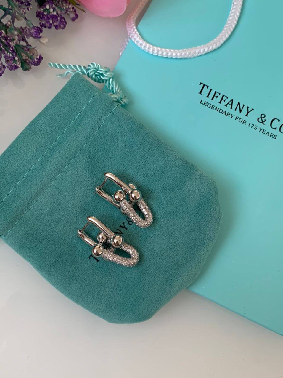 Сережки ланцюга Тіффані Tiffany з цирконами, срібні/мішечок Тіффані