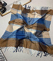Моднячий уютный женский кашемировый клетчатый платок 95*95 песочно-синий