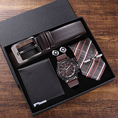 Подарочный набор из бутика, пояс + кошелек + галстук + кварцевые часы с большим циферблатом + запонки