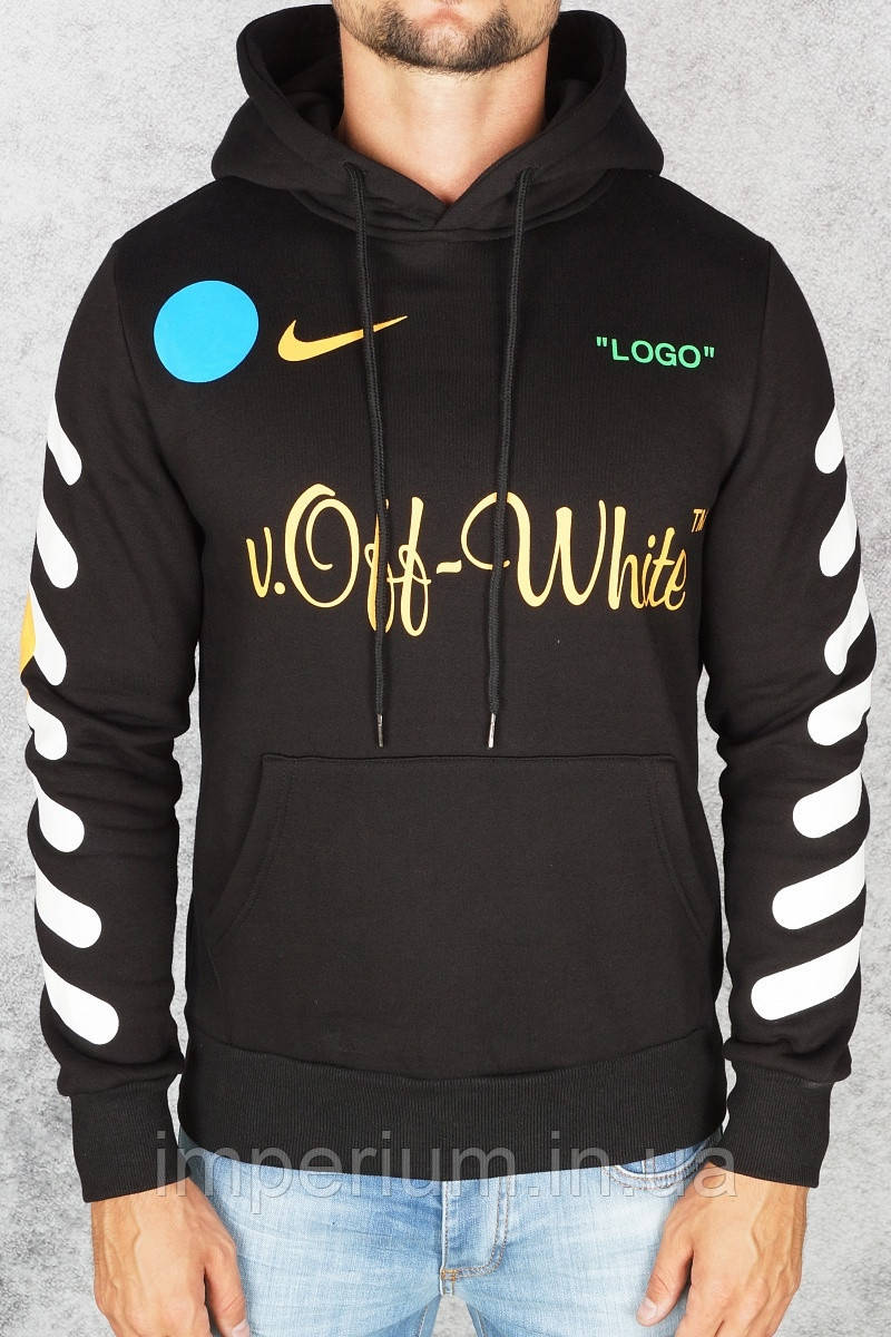 Трикотажне чорне худі off white nike | стильна толстовка
