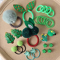 Набор детских заколок резинок украшений подарок для девочек Зелёный заяц