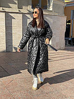 Женское зимнее удлиненное утепленное стеганное пальто одеяло оверсайз из плащевки сиреневое черное